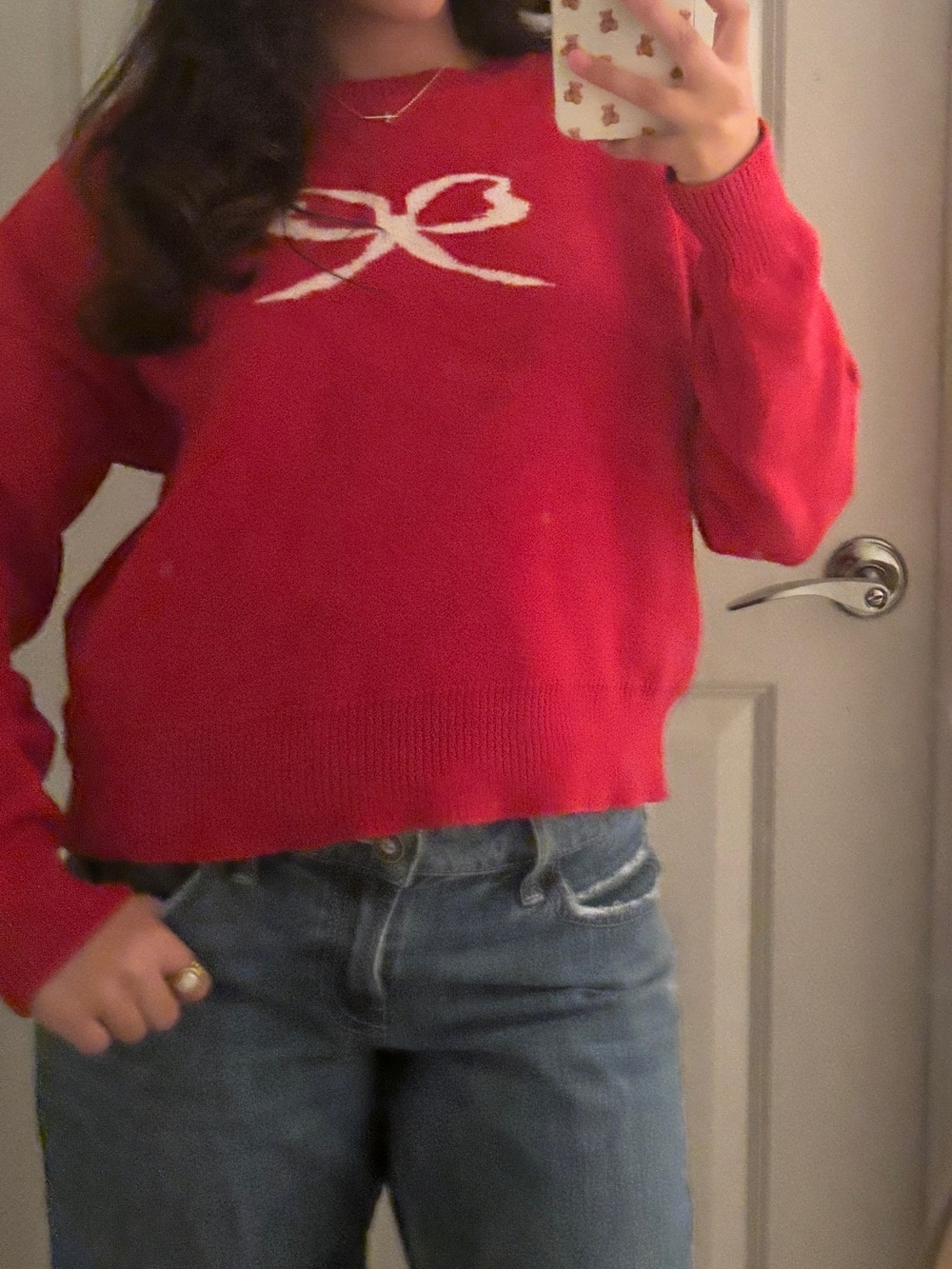 Beginning Boutique Red Sweater with White Bow Detail